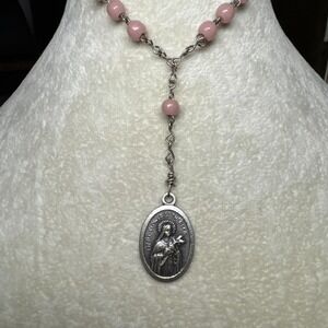 VTG Silver Tone St Theresa Rosary Bracelet Pink Glass Beads Little Flower Italy